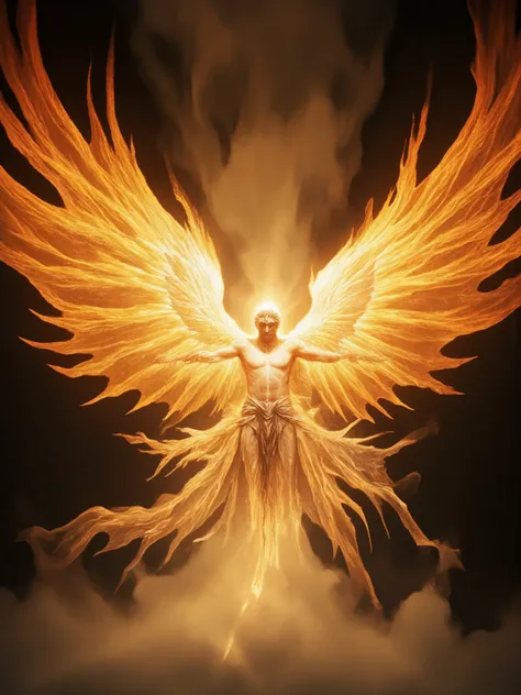 Ancient mythology style, Archangel Uriel is being of unparalleled light erupting in golden sunflares that form a Phoenix around his angelic beauty, flame radiating and abstract like living flame layered like leaves in dmai style yellow, orange red、The mome...