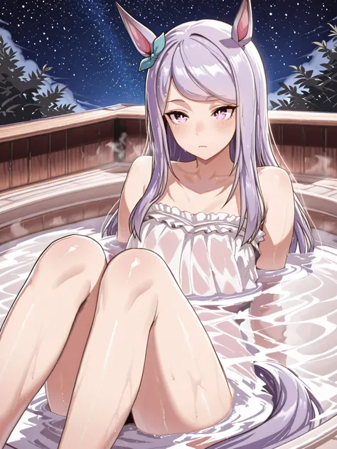 Highest Quality,masterpiece,Uma Musume,white-eye McQueen,horse ear,Horse tail,gentle expression,soft touch,Delicate Body Curves,Realistic Human Body,outdoor,Hot Springs,Hot Springsに入っている,Steam bath,starry sky,moon,looking up from below,