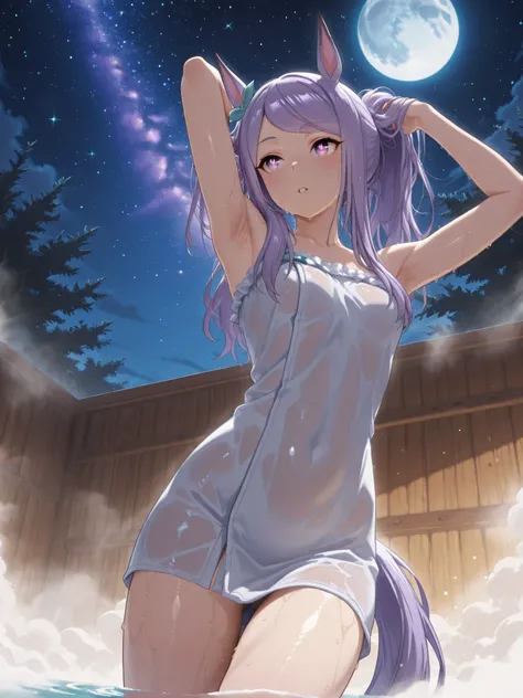 Highest Quality,masterpiece,Uma Musume,white-eye McQueen,horse ear,Horse tail,Armpit,sweat,wet skin,gentle expression,soft touch,Delicate Body Curves,Realistic Human Body,outdoor,Hot Springs,Hot Springsに入っている,Steam bath,bath towel,(starry sky,moon,looking ...