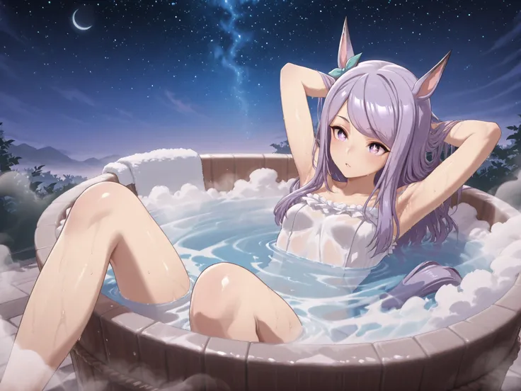 Highest Quality,masterpiece,Uma Musume,white-eye McQueen,horse ear,Horse tail,Armpit,sweat,wet skin,gentle expression,soft touch,Delicate Body Curves,Realistic Human Body,outdoor,Hot Springs,Hot Springsに入っている,Steam bath,bath towel,(starry sky,moon,looking ...
