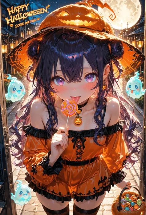 Score_9, Score_8_up, (masterpiece:1.3), (best quality:1.3), amazing quality, very aesthetic, anime origin, little girl, beautiful loli, halloween theme, very pretty girl, dark purple hair bun hairstyle, very long wavy hair, bangs to one side, beautiful che...