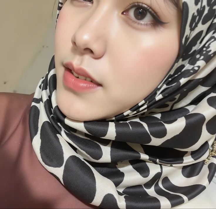 hyper HD, Masterpiece, Textured skin, 4K, Best quality of potrait a Beautiful hijab asian woman white fairy skin wearing dress , close-up half body , perfect hijab, detail veil , no hair visible, hyper realistic scarf and ornate on her side big back head h...