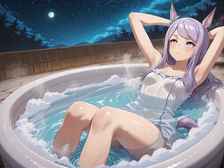 Highest Quality,masterpiece,Uma Musume,white-eye McQueen,horse ear,Horse tail,Armpit,sweat,wet skin,gentle expression,soft touch,Delicate Body Curves,Realistic Human Body,outdoor,Hot Springs,Hot Springsに入っている,Steam bath,bath towel,(starry sky,moon,looking ...