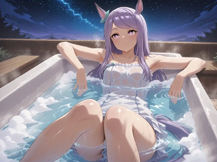 Highest Quality,masterpiece,Uma Musume,white-eye McQueen,horse ear,Horse tail,Armpit,sweat,wet skin,gentle expression,soft touch,Delicate Body Curves,Realistic Human Body,outdoor,Hot Springs,Hot Springsに入っている,Steam bath,bath towel,(starry sky,moon,looking ...