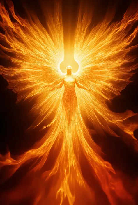 Ancient mythology style, Archangel Uriel is being of unparalleled light erupting in golden sunflares that form a Phoenix around his angelic beauty, flame radiating and abstract like living flame layered like leaves in dmai style yellow, orange red、The mome...