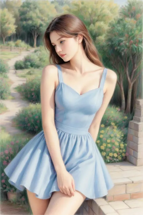 masterpiece, Highest Quality, 1 woman in a blue dress, Colored pencil drawing.