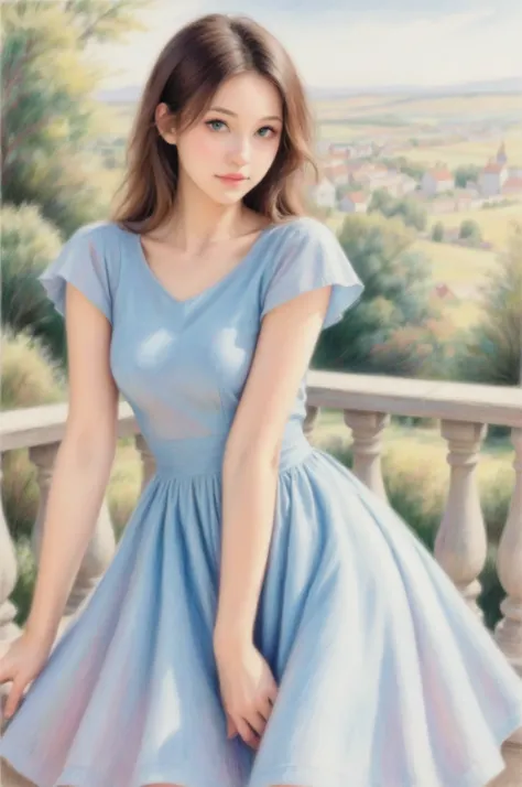 masterpiece, Highest Quality, 1 woman in a blue dress, Colored pencil drawing.