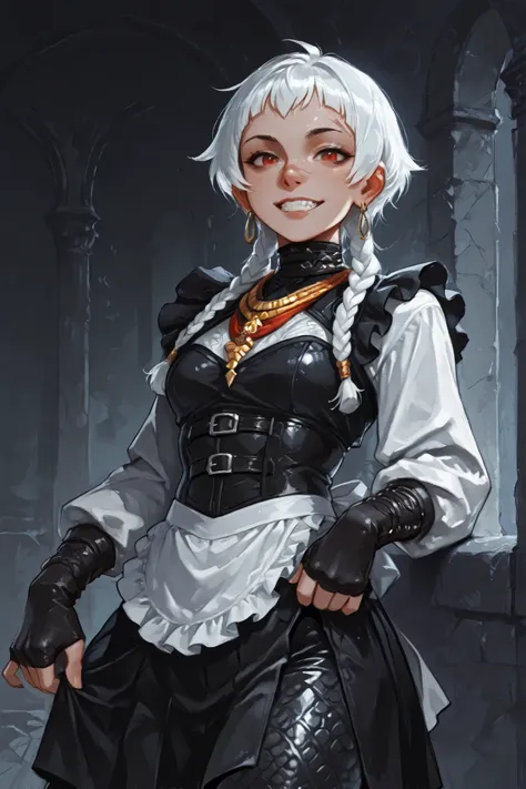 She looks like Elena from Street Fighter and has a horizontal scar across her nose. Inca girl with white dreadlocks with black highlights and silver pearls, red eyes, slanted Asian eyes, sharp canine teeth, black eyeliner, athletic body. Slender and athlet...