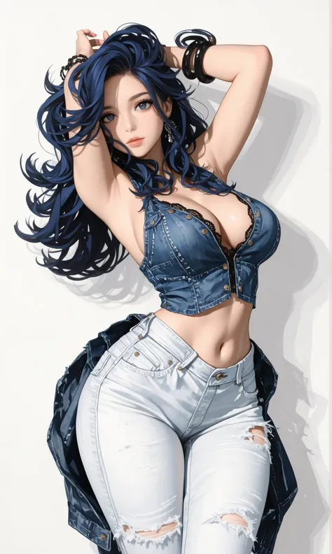 Woman with long, wavy dark blue hair captured in a pose with her arms raised above her head. she wears a fitted denim crop top with decorative stitching, lace emphasizing her figure. The top is paired with a high waist, distressed white jeans, emphasizing ...
