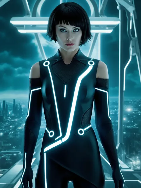 quorra - tron legacy, , une femme aux cheveux courts noirs. Elle porte une combinaison de science-fiction.