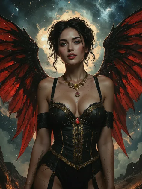 Dreamlike world deep shadows cinematic darkness
underexposed chiaroscuro atmospheric haze
low-key lighting. We find a captivating , pale skinned ravishingly beautiful goddess looking provocative and vibrant with alive, with a curvy physique, adorned in a...