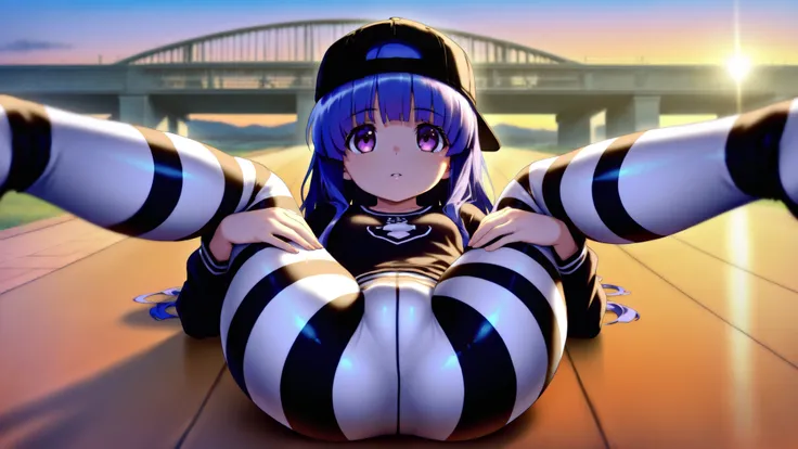 furude rika, Blue Hair, Purple eyes, 1girl, detailed, masterpiece, school, front view, no skirt, solo, (striped pantyhose:1.3), black and white pantyhose, leaning backward, bridge pose, black long sleeve shirt, backwards hat, black hat, dawn, (folded:1.5),...