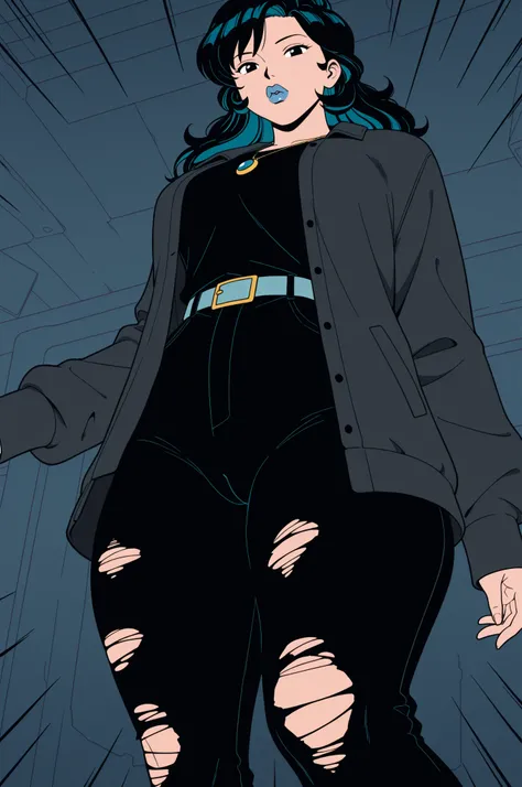 ,retro anime, classic anime, manga, vintage, flat colors, bold lines, matte, faded colors, retro. (artistic, evocative, sexy, dramatic). Very close view, gigantic ass,masterpiece,best quality,highres,beautiful girl,blue long hair, Score_9, score_8_up, Nico...