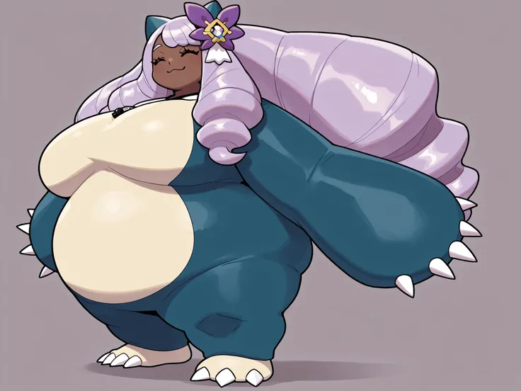 Female snorlax, blue body, eyes closed, claws, Helpful tags are : fat, pokémon (creature), jacinthe, long hair, bangs, purple hair, dark-skinned female, drill hair,multicolored eyes, hair ornament, bulky massive, very giant body, big boobs, thick arms, ful...