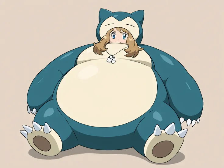 Female snorlax, blue body, eyes closed, claws, Helpful tags are : fat, pokémon (creature), source_anime, pokemonserena, serena, long hair, blue eyes, brown hair, massive, very giant body, thick arms, full body shot 