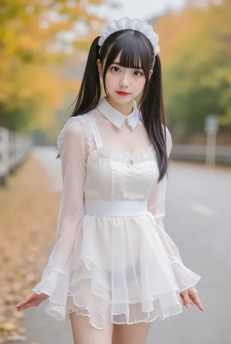 (8K quality pictures 、Ultra High Definition)、Mountain road with autumn leaves、(((above the knee image)))、((low angle))、is insanely cute、(A collaboration between amazingly cute)、(((White Pretty Maid Outfit and Full Body Sheer Pita Outfit))、(Super slim figur...