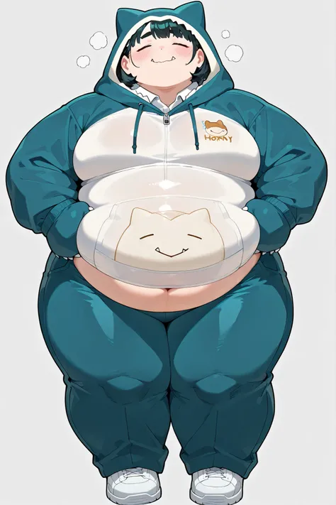 fat chubby girl, big pectorals, strong arms, tight tighs, big belly, horny face, blushed, sexy , full cosplay, snorlax cosplay