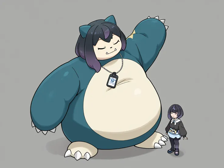 Female snorlax, blue body, eyes closed, claws, Helpful tags are : fat, pokémon (creature), gwynn, gwynn \(pokemon\), gradient hair, black hair, purple hair, short hair, asymmetrical sidelocks, bob cut, very giant body, thick arms, full body shot 