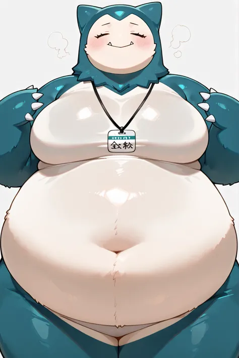 Female snorlax, blue body, eyes closed, claws, Helpful tags are : fat, pokémon (creature), very giant body, thick arms, fat chubby girl, big pectorals, strong arms, tight tighs, big belly, horny face, blushed, sexy , full cosplay, snorlax cosplay