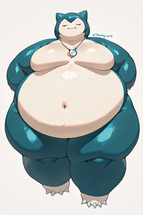 Female snorlax, blue body, eyes closed, claws, Helpful tags are : fat, pokémon (creature), very giant body, thick arms, fat chubby girl, big pectorals, strong arms, big belly, horny face, blushed, sexy , snorlax, full body shot 