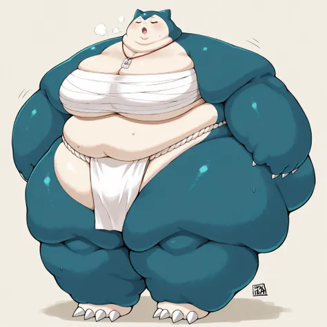 Female snorlax, blue body, eyes closed, claws, Helpful tags are : fat, pokémon (creature), very giant body, thick arms, sarashi, fundoshi, big breasts open mouth, out of breath, Larger female, full body shot, only head, large head, oversized limbs, large h...