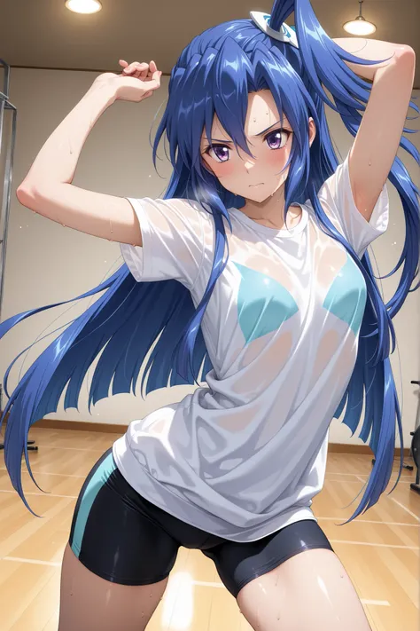 solo,symphogear、kazanari tsubasa,笑顔、Dance studio, plain oversized T-shirt, long spats, dance lesson, sweat, dynamic pose, dynamic angle、輝く輪郭、masterpiece,best quality,amazing quality,