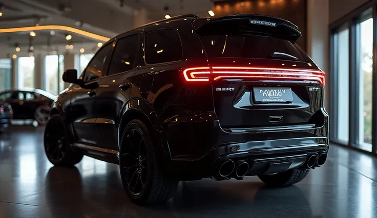 Realistic of futuristic (2026 Dodge Durango SRT Car,) with modification, good looking, bright (black) color, only back lights back taillights view, parked in luxury showroom
The background features a contemporary showroom setting with polished floors and n...