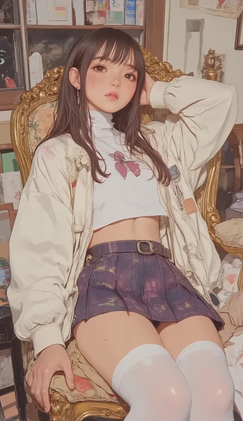 A woman in a skirt and jacket is sitting on a sofa, knee-high socks and skirts, wearing skirts and high socks, cute high school girl, High School Girl posing, Japanese school uniform, a hyperREAL HIGH SCHOOL GIRL, Japanese High School Girl Uniform, wearing...