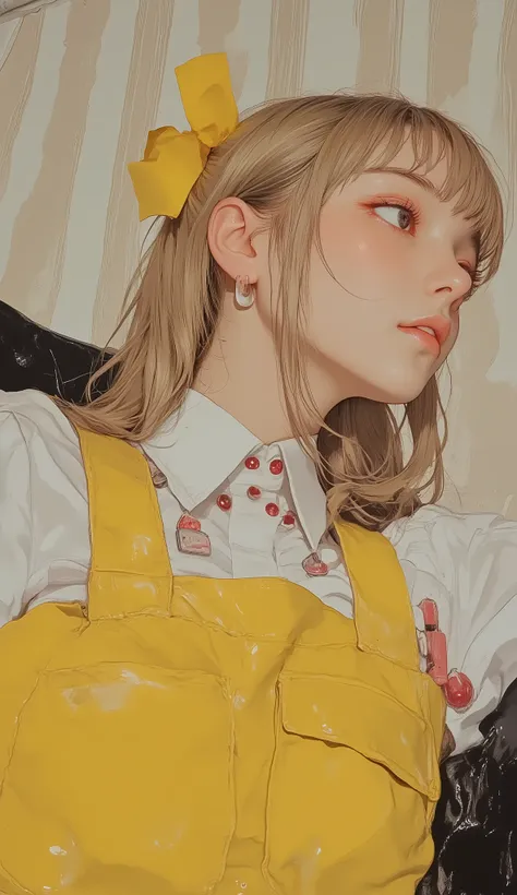 A woman sitting in a modern black chair with a prominent backrest, and is styled with a yellow ribbon with soft lighting. 彼女teeth半袖の白いブラウスに青と白のストライプのピナフォーレスタイルのドレスを重ねたコスチュームを着ています, accented with yellow pockets and prominent red gemstones on the neckline. 彼...