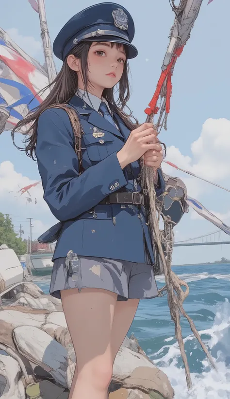 A ruthless woman in uniform tying a rope to a kite, runs barefoot on lake, Flat uniform sky at the back, wearing a Police Uniforms, blue uniform, The female principal wears a uniform, Closeup Shot, Closeup Shot, Flat uniform sky , Police Uniforms, JK unif...