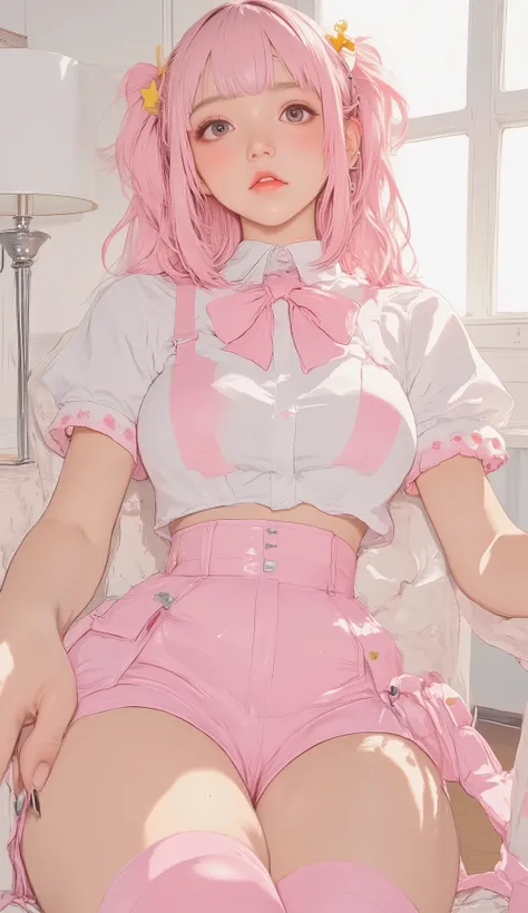 likeい女性が明るいターコイズブルーの椅子に座っています, and the high collar . 彼女の服にteeth、has a short-sleeved white blouse with pink accents on the cuffs, and large pink tie. アンサンブルteeth裾に白いストライプが入ったピンクのスカートで仕上げられています, and matching thigh-high pink socks. a small, yellow star-shape...