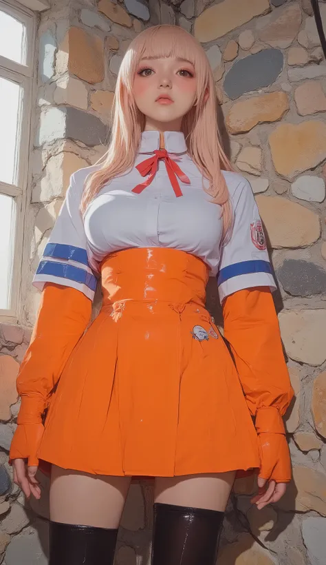 A figure is standing against a stone-textured wall, The figure wears a vibrant orange uniform with prominent blue and white detailing. This costume has、Includes a white high-collar top accented with a bold red ribbon below the collar, This adds to the vivi...