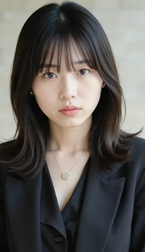 Neat Young Woman、and look at the camera、office lady suit、jacket、shirt、necklace、、ear piercing、前髪あり、No expression、has closed its mouth、顔のクローズアップ、The background is office