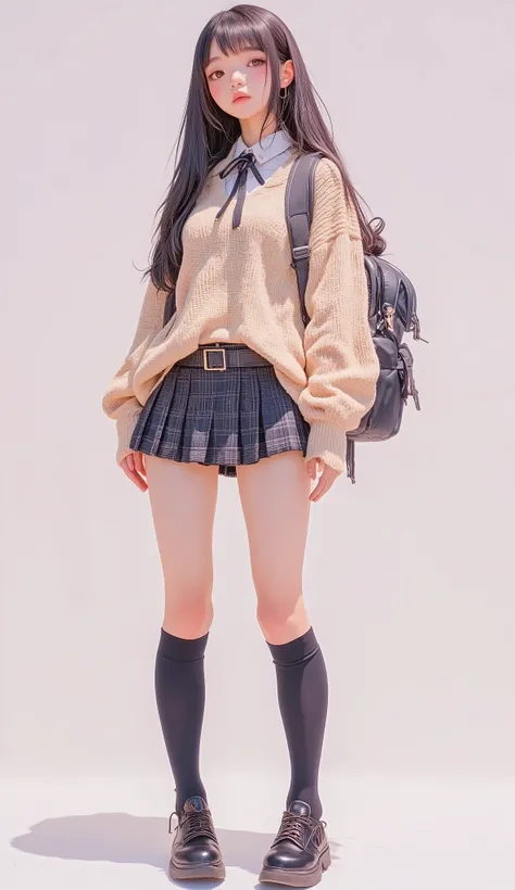 There is a woman wearing a skirt and sweater with a backpack, knee-high socks and skirts, Japanese High School Girl Uniform, Japanese school uniform, a hyperREAL HIGH SCHOOL GIRL, hyperREAL HIGH SCHOOL GIRL, REAL HIGH SCHOOL GIRL, cute high school girl, we...