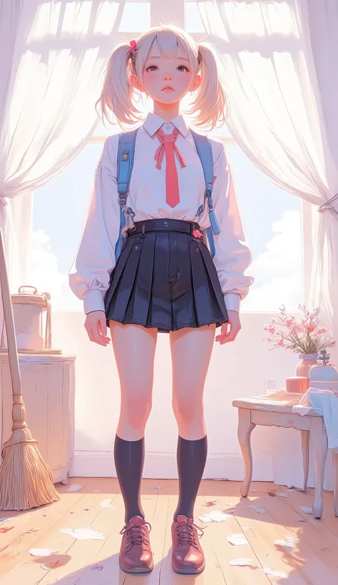 A young woman is standing with her back to the camera in a bright room. Her hair is styled platinum blonde, Voluminous Twin Tails, red and white ribbons. long sleeve blouse , I'm wearing a long-sleeved sweater over a red tie and white collared shirt, part...