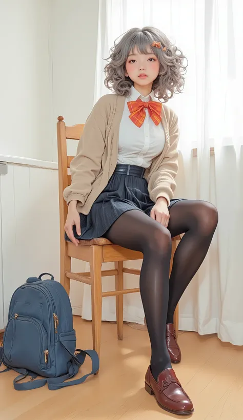 A young woman、is sitting on a wooden chair against a sheer white curtain。. her voluminous, Curly gray hair、is styled with a large red and yellow striped ribbon adorning the left side。. she She is wearing a classic uniform consisting of a white blouse。, bri...