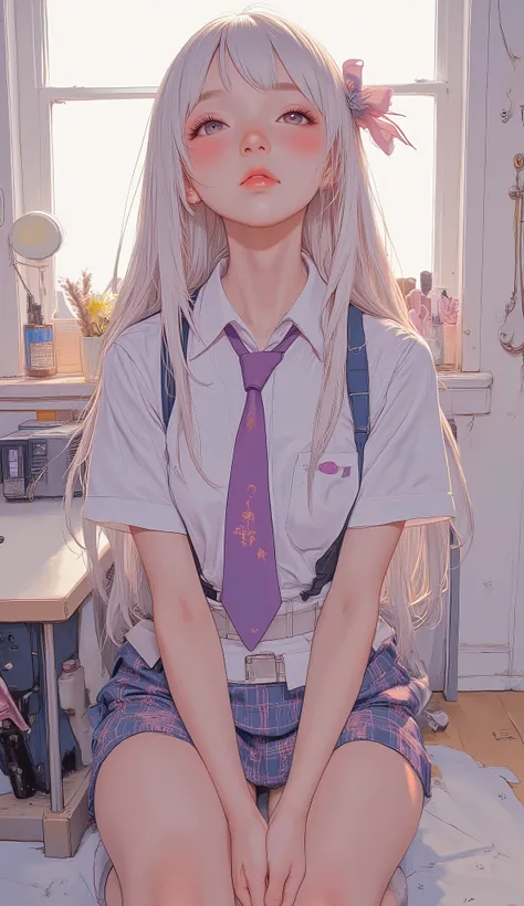 untied her purple tie。There is a red ribbon。, anime girl cosplay, ayaka cosplay, cosplay photo, Owari Akane Danganronpa, fleet collection style, cosplay, anime girl crouching, perfect white haired girl, Japanese school uniform, anime cosplay, sailor suit, ...