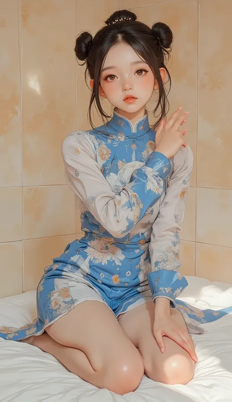 The young woman is kneeling gracefully The soft, warm atmosphere. で美しく装飾された部屋彼女teeth金色のドラゴンのモチーフ, in a striking blue China dress with. ドレスにteeth深いスリットが入っており, adding an elegant touch. 彼女の髪teethきれいな , Twin Buns, 彼女teeth全体的な美学を際立たせる黒い手袋を着用しています. セッティングteeth柔ら...