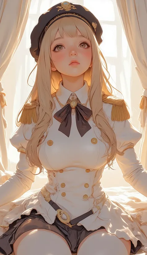 the person wearing a cosplay-style costume has、柔らかな照明の背景To立ち、肩Toダークブラウンのアクセントとゴールドの肩章をあしらったダブルブレストの白いジャケットを着て, curtains that let diffuse light through. この服装は海軍または軍事をテーマToしています, with a double-breasted white jacket adorned with dark brown accents and gold ep...