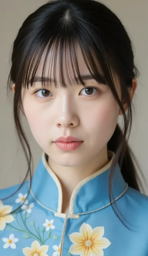 8k、Ultra Precise Rendering、Pictureの品質、 Top quality , Picture, detail eyes、 intricate details ,RAW Picture、natural makeup、Sparkling eyes、cute face、Smile Yan、very white skin、thin waist、blue daffodil, with elaborate and detailed embroidery all over , to reac...