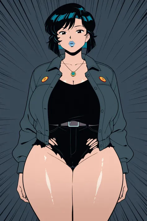 ,retro anime, classic anime, manga, vintage, flat colors, bold lines, matte, faded colors, retro. (artistic, evocative, sexy, dramatic). Very close view, gigantic ass,masterpiece,best quality,highres,beautiful girl,blue short hair, Score_9, score_8_up, Nic...