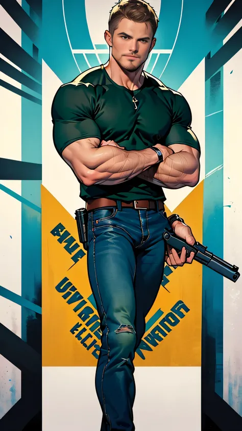 vpl,vpl,1 man, male focus solo,45 yo man, (((Stephen AMELL as private investigator))), lean muscle, open blue shirt, marine blue jeans with brown belt ,( bulge), full body shot, dark blond short hair, BLUE GREEN EYES , well groomed facial hair, (((( HANDS...