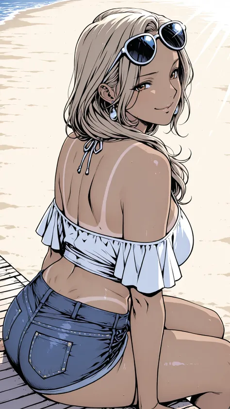 pop illustration style, full color, Flat Color Shading, Anime-Style Illustrations, clean line art,
1girl, Sensual and Attractive Mature Woman, 39 years old, long shiny golden beige hair that emphasizes thighs and wide hips in a loose half-up style, deep ...