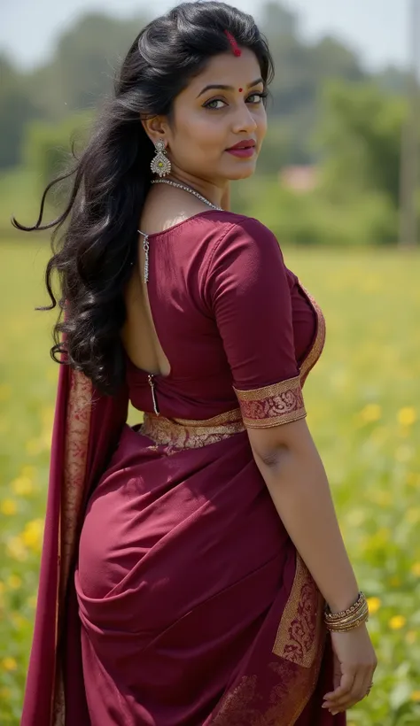 Masterpiece, best quality,back view, woman walking in ground,black hair,turning back toward camera, blue eyes,orgasm face, busty woman,nose rings, free hair, flowers, dark wine blouse, dark wine saree, deep cleavage, mangalsutra,hair full of flowers, sunny...