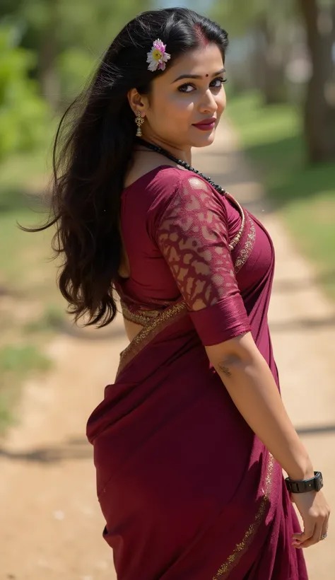 Masterpiece, best quality,back view, woman walking in ground,black hair,turning back toward camera, blue eyes,orgasm face, busty woman,nose rings, free hair, flowers, dark wine blouse, dark wine saree, deep cleavage, mangalsutra,hair full of flowers, sunny...