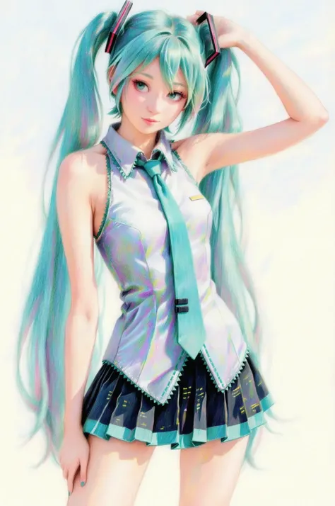 masterpiece, Highest Quality, 1 woman, Hatsune Miku, sleeveless costume, Pleated Miniskirt, Colored pencil drawing.