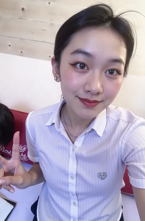 A cute young woman with long, straight black hair styled in a half-up ponytail with soft bangs framing her face. She has fair, glowing skin and expressive dark eyes. She’s wearing a simple silver heart necklace and a dark navy blue off-shoulder top with su...