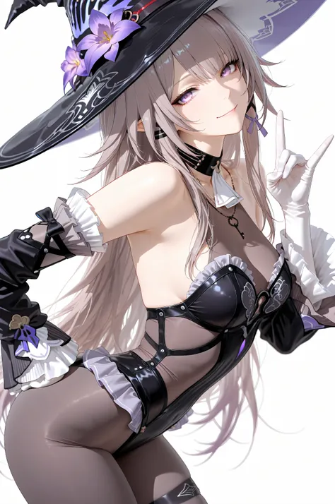 The Herta,the herta \(honkai star rail\), 1girl, hat, solo, leotard, bodystocking, jewelry, frills, black leotard, witch hat, black headwear, necklace, black choker, hat flower,score_9,score_8_up,score_7_up,score_6_up, masterpiece,best quality, witch hat,p...
