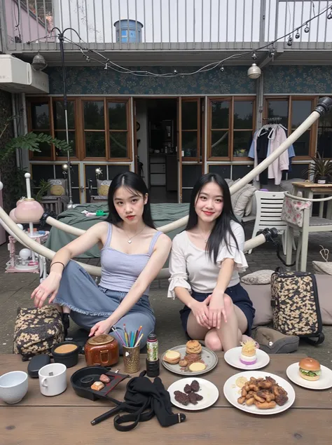 A cute young woman with long, straight black hair styled in a half-up ponytail with soft bangs framing her face. She has fair, glowing skin and expressive dark eyes. She’s wearing a simple silver heart necklace and a dark navy blue off-shoulder top with su...