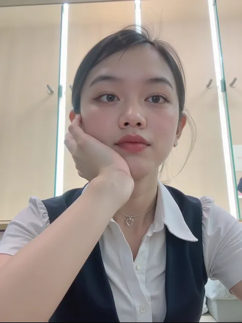 A cute young woman with long, straight black hair styled in a half-up ponytail with soft bangs framing her face. She has fair, glowing skin and expressive dark eyes. She’s wearing a simple silver heart necklace and a dark navy blue off-shoulder top with su...